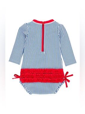 Ruffle Butts Blue & White Striped Long-Sleeve Romper with Red Trim